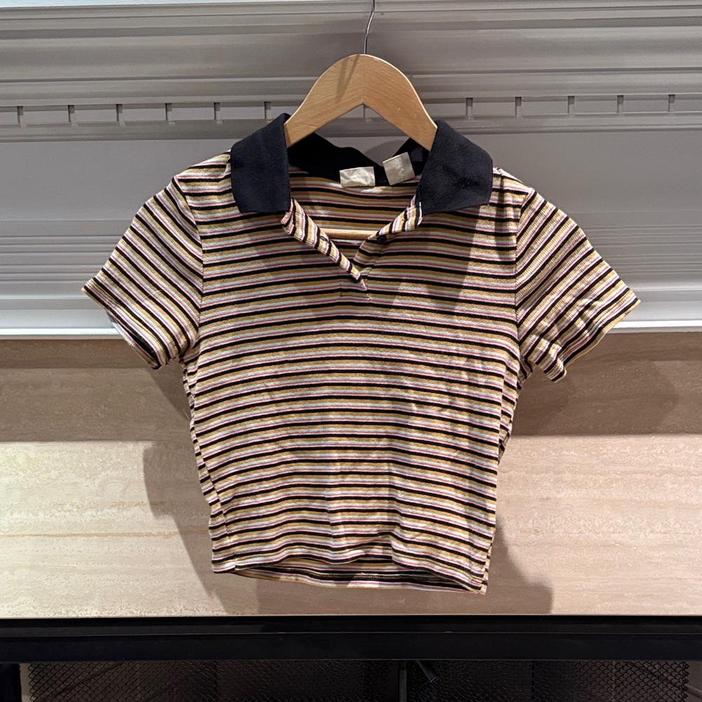 Levi's Striped Crop Polo in Black Collar with Brown, Yellow & Cream Stripes